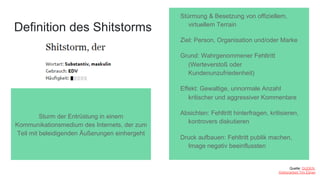 Definition des Shitstorms
Sturm der Entrüstung in einem
Kommunikationsmedium des Internets, der zum
Teil mit beleidigenden Äußerungen einhergeht
Stürmung & Besetzung von offiziellem,
virtuellem Terrain
Ziel: Person, Organisation und/oder Marke
Grund: Wahrgenommener Fehltritt
(Werteverstoß oder
Kundenunzufriedenheit)
Effekt: Gewaltige, unnormale Anzahl
kritischer und aggressiver Kommentare
Absichten: Fehltritt hinterfragen, kritisieren,
kontrovers diskutieren
Druck aufbauen: Fehltritt publik machen,
Image negativ beeinflussten
Quelle: DUDEN,
Doktorarbeit Tim Ebner
 