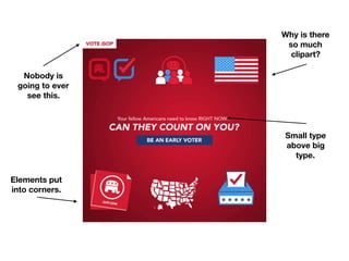 Elements put
into corners.
Nobody is
going to ever
see this.
Small type
above big
type.
Why is there
so much
clipart?
 