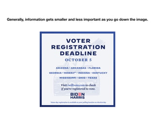 Generally, information gets smaller and less important as you go down the image.
 