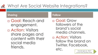 What Are Social Website Integrations?
¨  Goal: Reach and
engagement.
¨  Action: Visitors
share pages and
content with their
social media
friends.
¨  Goal: Grow
followers of the
brand’s social
media channels.
¨  Action: Visitors
follow the brand
on Twitter,
Facebook, etc.
Sharing Follow
+Social sign-on. We’ll
cover that another time.
 