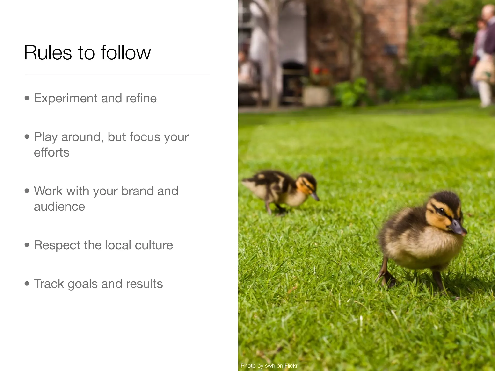 Rules to follow

• Experiment and reﬁne


• Play around, but focus your
  efforts


• Work with your brand and
  audience


• Respect the local culture


• Track goals and results




                                Photo by swh on Flickr
 