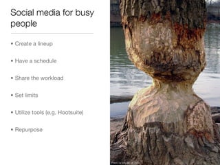 Social media for busy
people

• Create a lineup


• Have a schedule


• Share the workload


• Set limits


• Utilize tool...