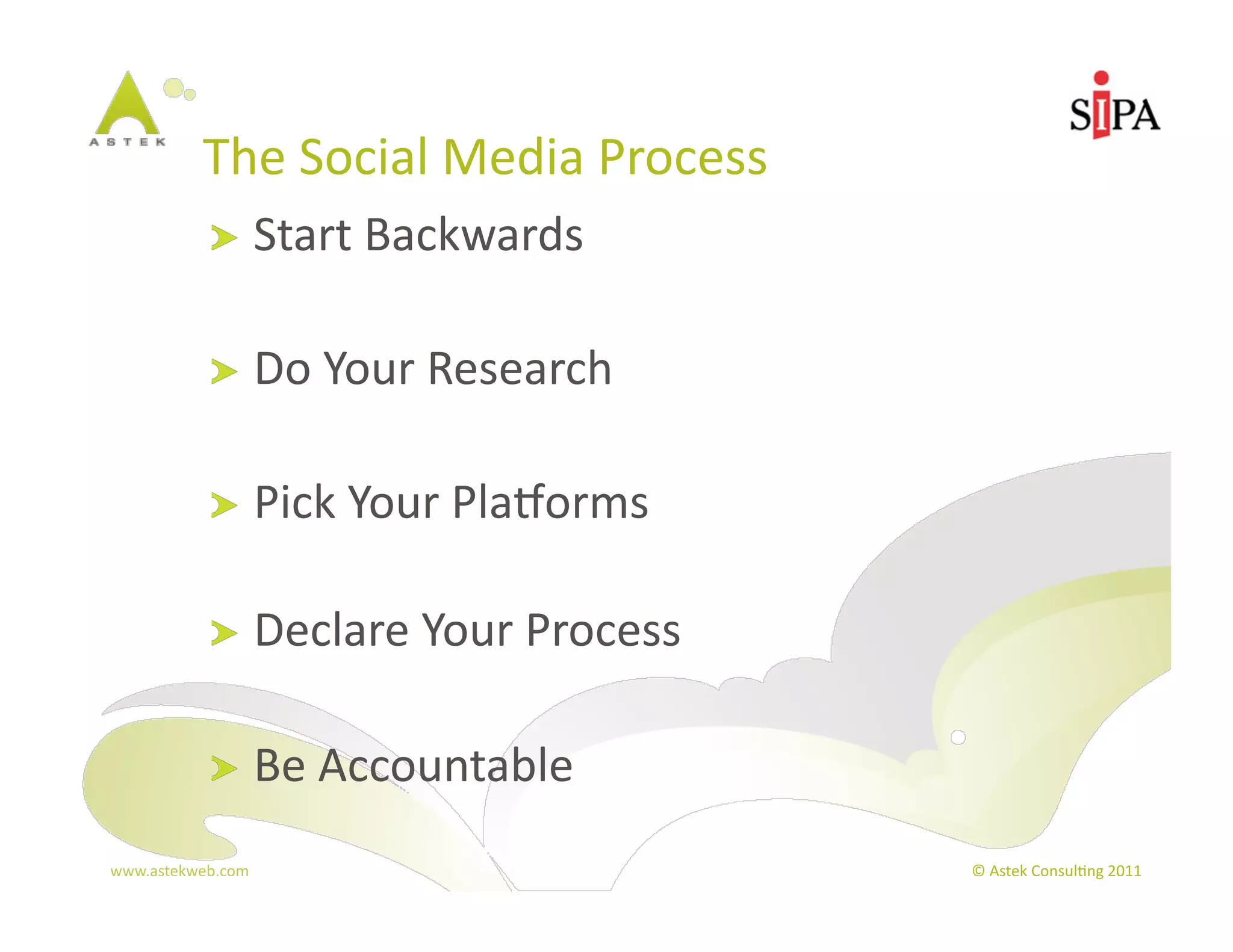 The	
  Social	
  Media	
  Process	
  
              !   Start	
  Backwards	
  


              !   Do	
  Your	
  Research	
  


              !   Pick	
  Your	
  PlaBorms	
  	
  


              !   Declare	
  Your	
  Process	
  


              !   Be	
  Accountable	
  

www.astekweb.com	
                                   ©	
  Astek	
  Consul3ng	
  2011	
  
 