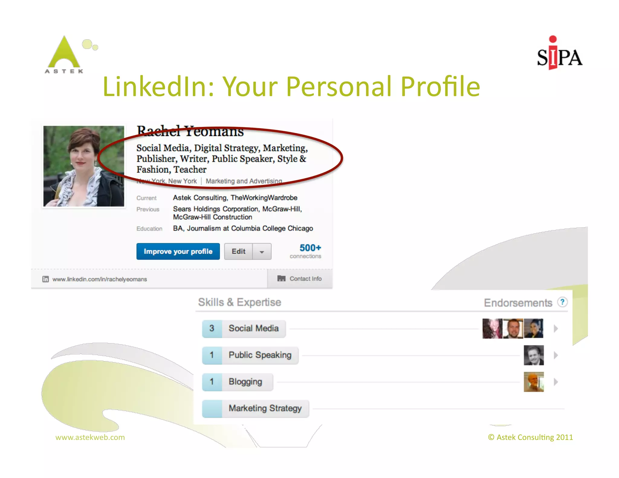 LinkedIn:	
  Your	
  Personal	
  Proﬁle	
  




www.astekweb.com	
                                    ©	
  Astek	
  Consul3ng	
  2011	
  
 