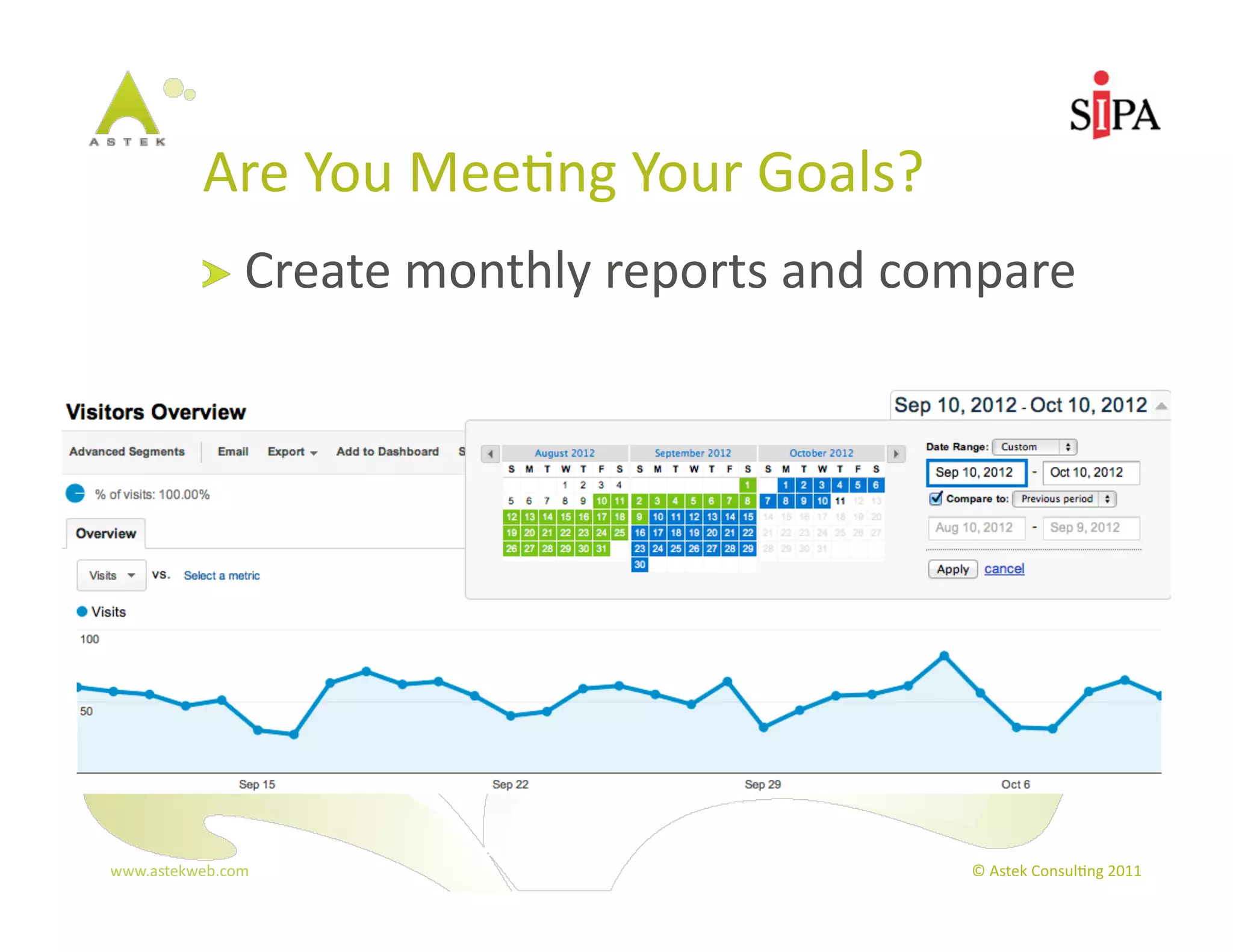 Are	
  You	
  Mee3ng	
  Your	
  Goals?	
  
            !   Create	
  monthly	
  reports	
  and	
  compare	
  




www.astekweb.com	
                                        ©	
  Astek	
  Consul3ng	
  2011	
  
 