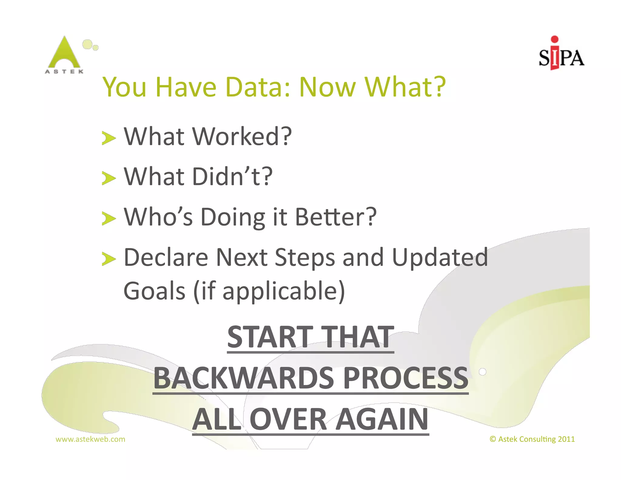 You	
  Have	
  Data:	
  Now	
  What?	
  
            !   What	
  Worked?	
  
            !   What	
  Didn’t?	
  
            !   Who’s	
  Doing	
  it	
  Beer?	
  
            !   Declare	
  Next	
  Steps	
  and	
  Updated	
  
                  Goals	
  (if	
  applicable)	
  
                           START	
  THAT	
  
                       BACKWARDS	
  PROCESS	
  
www.astekweb.com	
  
                         ALL	
  OVER	
  AGAIN	
              ©	
  Astek	
  Consul3ng	
  2011	
  
 