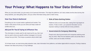 Your Privacy: What Happens to Your Data Online?
When you use social media, you give away a lot of personal information. This helps the platforms, but it also creates worries about privacy like
being watched, your data getting stolen, and your online information being used to make money.
How Your Data is Gathered
Everything you do on social media is gathered and studied. This
builds a clear picture of who you are online and helps create full
profiles about you.
Ads Just for You & Trying to Influence You
This information is mostly used for ads meant just for you. But it can
also be used to show you specific political messages or to try and
change how you think. This brings up questions about what's right.
Risk of Data Getting Stolen
Platforms hold a lot of private data, making them big targets for
hackers. If data is stolen, your personal information can be
exposed, leading to identity theft and money problems.
Government & Company Watching
People worry about governments and companies watching what
they do online. When the line between public and private data is
unclear, users can be easily monitored.
To fix these issues, we need strong data protection rules, clear information from platforms, and better digital skills for everyone. Finding a balance
between new ideas and privacy is a big challenge.
 