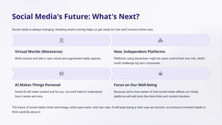 Social Media's Future: What's Next?
Social media is always changing. Knowing what's coming helps us get ready for how we'll connect online next.
Virtual Worlds (Metaverse)
We'll connect and talk in new virtual and augmented reality spaces.
New, Independent Platforms
Platforms using blockchain might let users control their own info, which
could challenge big tech companies.
AI Makes Things Personal
Smart AI will make content just for you, but we'll need to understand
how it works and why.
Focus on Our Well-being
Because we're more aware of how social media affects our minds,
platforms will add tools like time limits and content blockers.
The future of social media mixes technology, what users want, and new rules. It will keep being a main way we connect, so everyone involved needs to
think carefully about it.
 