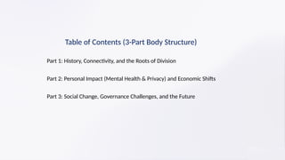 Table of Contents (3-Part Body Structure)
​
Part 1: History, Connectivity, and the Roots of Division
​
Part 2: Personal Impact (Mental Health & Privacy) and Economic Shifts
Part 3: Social Change, Governance Challenges, and the Future
 