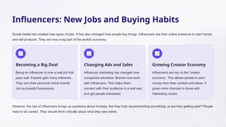 Influencers: New Jobs and Buying Habits
Social media has created new types of jobs. It has also changed how people buy things. Influencers use their online presence to start trends
and sell products. They are now a big part of the world's economy.
Becoming a Big Deal
Being an influencer is now a real job that
pays well. Experts gain many followers.
They turn their personal online brands
into successful businesses.
Changing Ads and Sales
Influencer marketing has changed how
companies advertise. Brands now work
with influencers. This helps them
connect with their audience in a real way
and get people interested.
Growing Creator Economy
Influencers are key to the 'creator
economy'. This allows people to earn
money from their content and ideas. It
gives more chances to those with
interesting voices.
However, the rise of influencers brings up questions about honesty. Are they truly recommending something, or are they getting paid? People
need to be careful. They should think critically about what they see online.
 