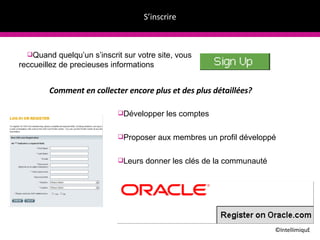 S’inscrire ©IntellimiquE Quand quelqu’un s’inscrit sur votre site, vous reccueillez de precieuses informations Comment en collecter encore plus et des plus détaillées? Développer les comptes Proposer aux membres un profil développé Leurs donner les clés de la communauté 