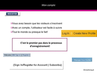 Mon compte ©IntellimiquE Vous avez besoin que les visiteurs s’inscrivent Avec un compte, l’utilisateur est facile à suivre Tout le monde ou presque le fait! C’est le premier pas dans le processus d’enregistrement! 