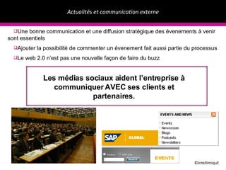 Actualités et communication externe ©IntellimiquE Une bonne communication et une diffusion stratégique des évenements à venir sont essentiels Ajouter la possibilité de commenter un évenement fait aussi partie du processus Le web 2.0 n’est pas une nouvelle façon de faire du buzz Les médias sociaux aident l’entreprise à communiquer AVEC ses clients et partenaires. 