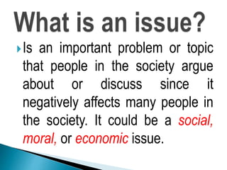 Is an important problem or topic
that people in the society argue
about or discuss since it
negatively affects many people in
the society. It could be a social,
moral, or economic issue.
 