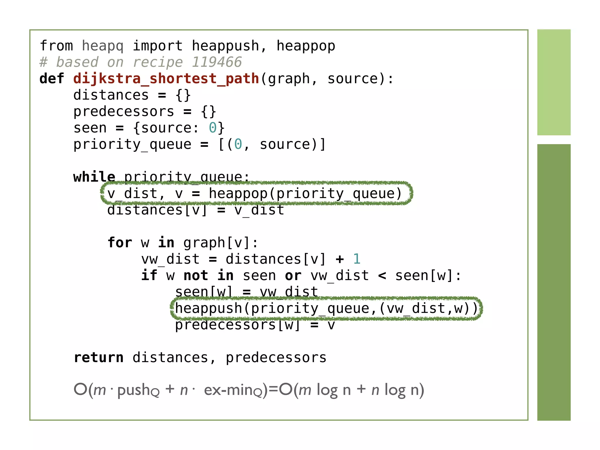 from heapq import heappush, heappop
# based on recipe 119466
def dijkstra_shortest_path(graph, source):
    distances = {}
    predecessors = {}
    seen = {source: 0}
    priority_queue = [(0, source)]
    while priority_queue:
        v_dist, v = heappop(priority_queue)
        distances[v] = v_dist
        
        for w in graph[v]:
            vw_dist = distances[v] + 1
            if w not in seen or vw_dist < seen[w]:
                seen[w] = vw_dist
                heappush(priority_queue,(vw_dist,w))
                predecessors[w] = v
    return distances, predecessors
O(m· pushQ + n· ex-minQ)=O(m log n + n log n)
 