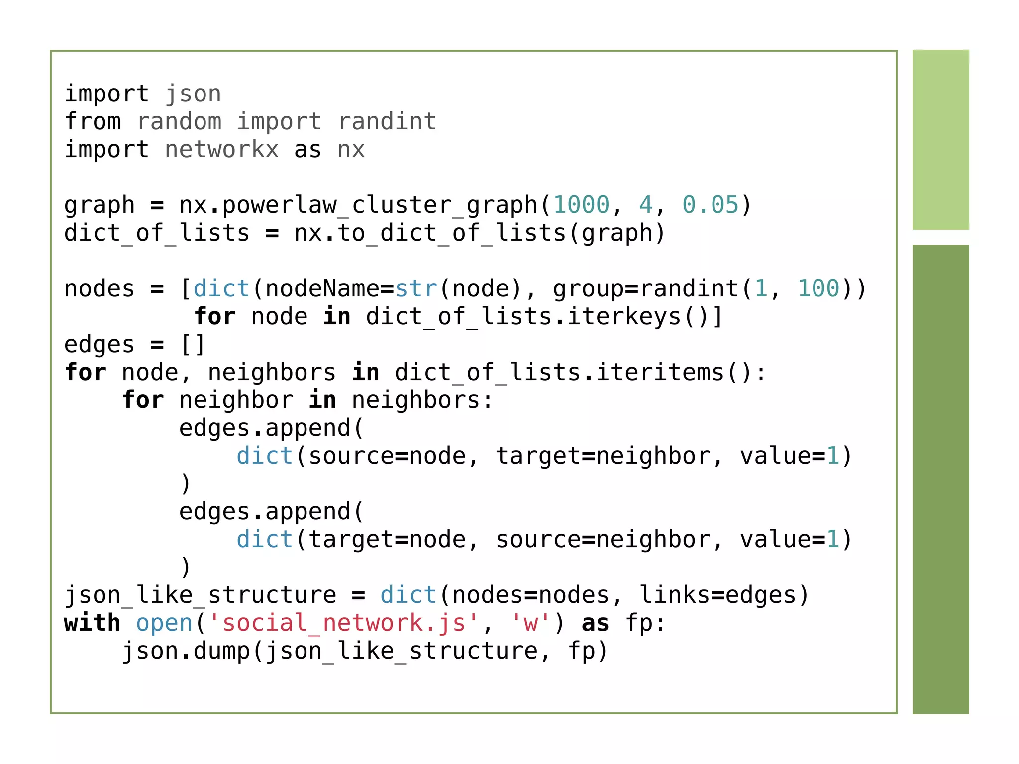 import json
from random import randint
import networkx as nx
graph = nx.powerlaw_cluster_graph(1000, 4, 0.05)
dict_of_lists = nx.to_dict_of_lists(graph)
nodes = [dict(nodeName=str(node), group=randint(1, 100))
         for node in dict_of_lists.iterkeys()]
edges = []
for node, neighbors in dict_of_lists.iteritems():
    for neighbor in neighbors:
        edges.append(
            dict(source=node, target=neighbor, value=1)
        )
        edges.append(
            dict(target=node, source=neighbor, value=1)
        )
json_like_structure = dict(nodes=nodes, links=edges)
with open('social_network.js', 'w') as fp:
    json.dump(json_like_structure, fp)
 