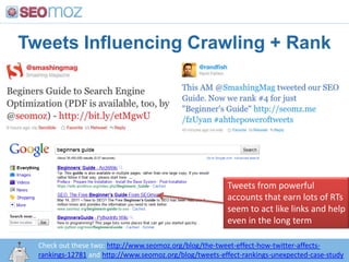 Tweets Influencing Crawling + RankTweets from powerful accounts that earn lots of RTs seem to act like links and help even in the long termCheck out these two: http://www.seomoz.org/blog/the-tweet-effect-how-twitter-affects-rankings-12781and http://www.seomoz.org/blog/tweets-effect-rankings-unexpected-case-studyhttp:/googleblog.blogspot.com/2010/06/our-new-search-index-caffeine.html