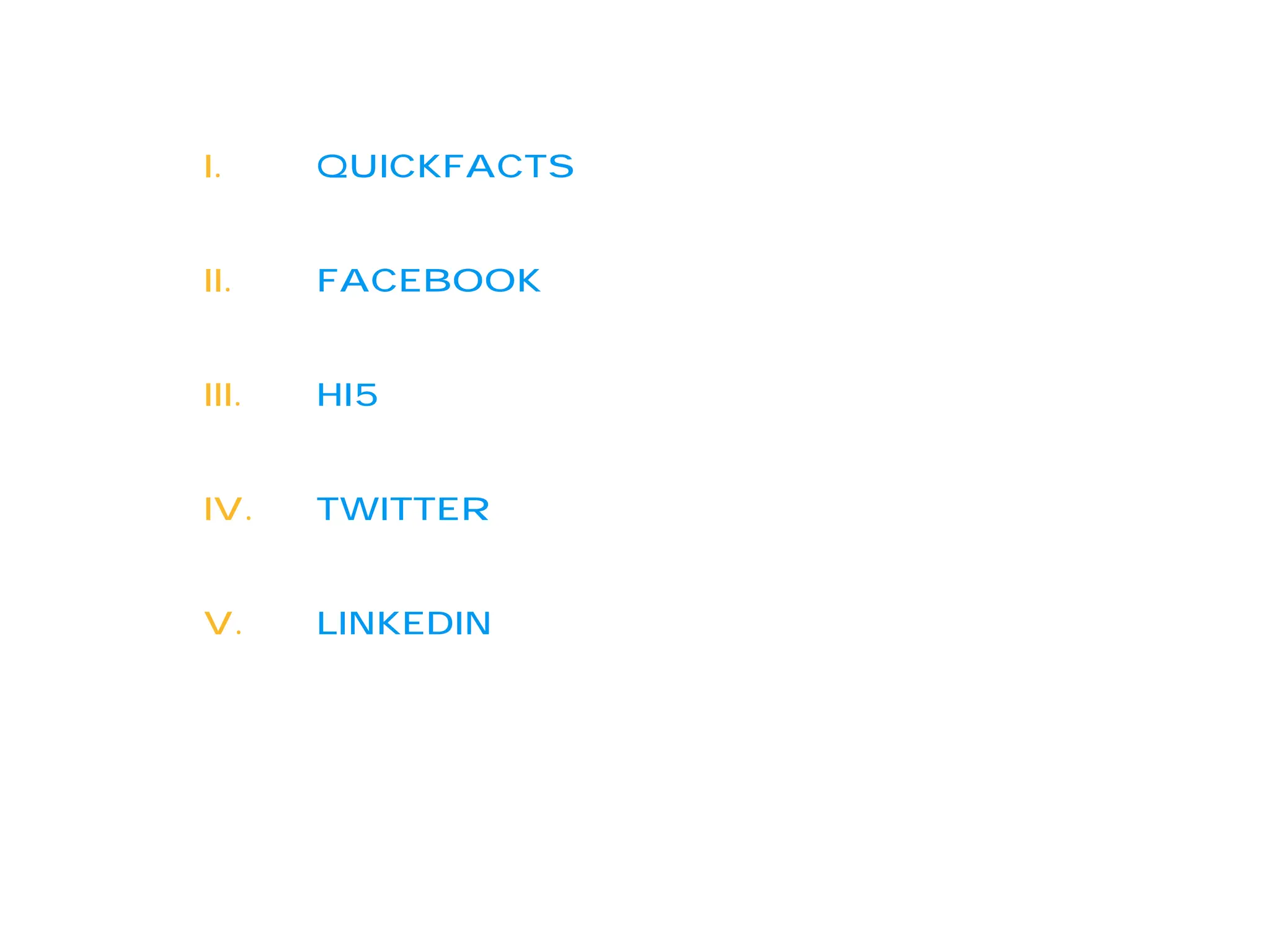 I.     Quickfacts


II.    Facebook


III.   Hi5


IV.    Twitter


V.     linkedin
 