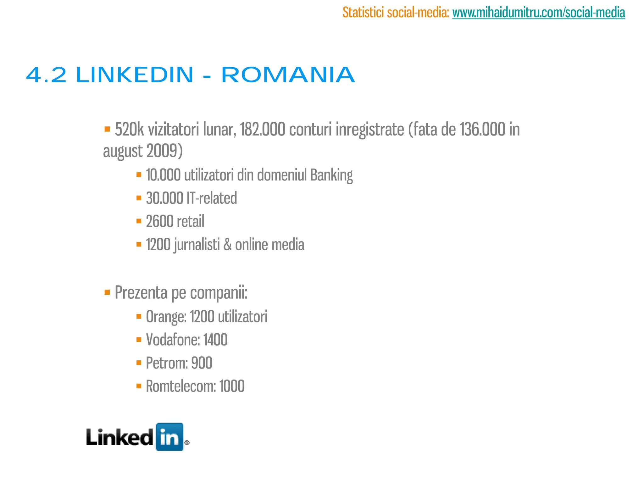 Statistici social-media: www.mihaidumitru.com/social-media



4.2 linkedin - romania

      520k vizitatori lunar, 182.000 conturi inregistrate (fata de 136.000 in
     august 2009)
           10.000 utilizatori din domeniul Banking
           30.000 IT-related
           2600 retail
           1200 jurnalisti & online media


      Prezenta pe companii:
           Orange: 1200 utilizatori
           Vodafone: 1400
           Petrom: 900
           Romtelecom: 1000
 