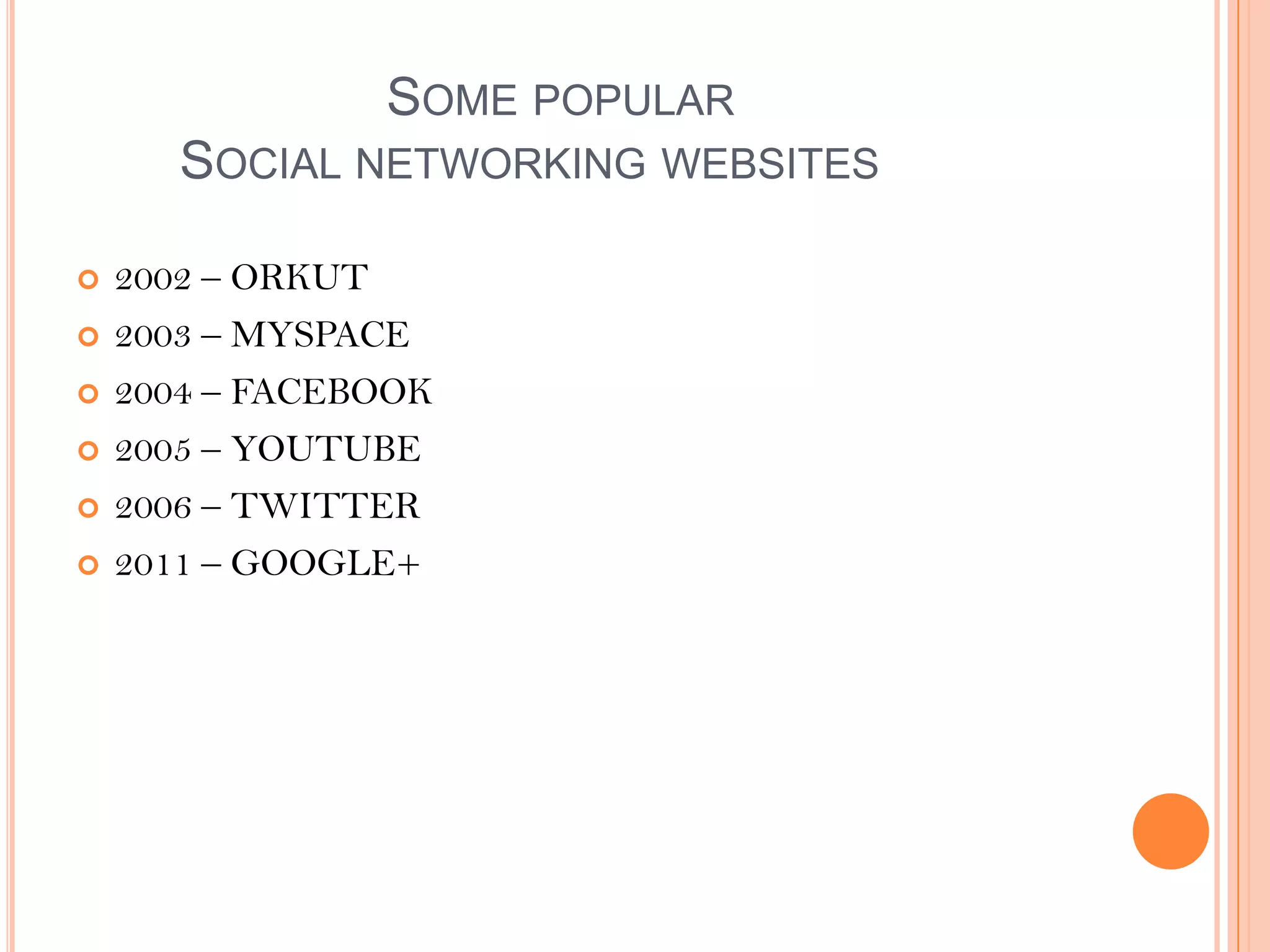 SOME POPULAR
SOCIAL NETWORKING WEBSITES









2002 – ORKUT
2003 – MYSPACE
2004 – FACEBOOK
2005 – YOUTUBE
2006 – TWITTER
2011 – GOOGLE+

 