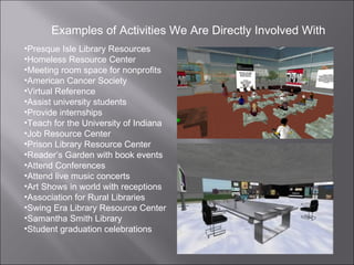 Presque Isle Library Resources Homeless Resource Center Meeting room space for nonprofits American Cancer Society Virtual Reference Assist university students Provide internships Teach for the University of Indiana  Job Resource Center Prison Library Resource Center Reader’s Garden with book events Attend Conferences Attend live music concerts Art Shows in world with receptions Association for Rural Libraries Swing Era Library Resource Center Samantha Smith Library Student graduation celebrations Examples of Activities We Are Directly Involved With 