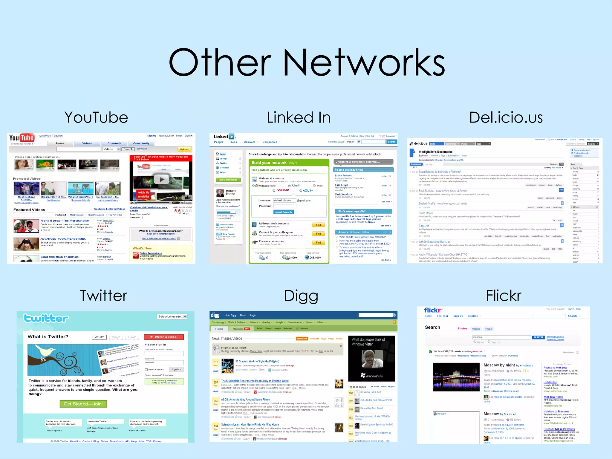 Other Networks YouTube Linked In Del.icio.us Twitter Digg Flickr 