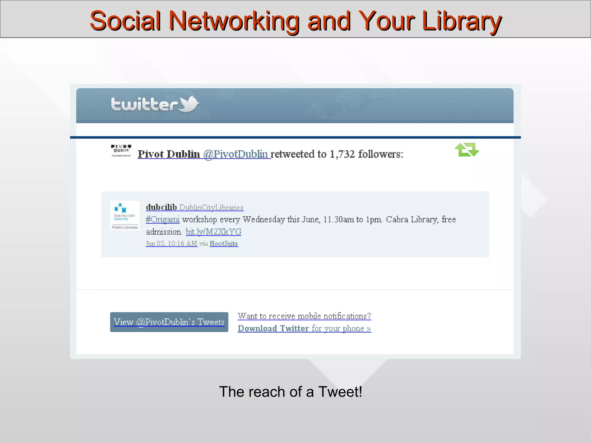 Social Networking and Your Library




          The reach of a Tweet!
 