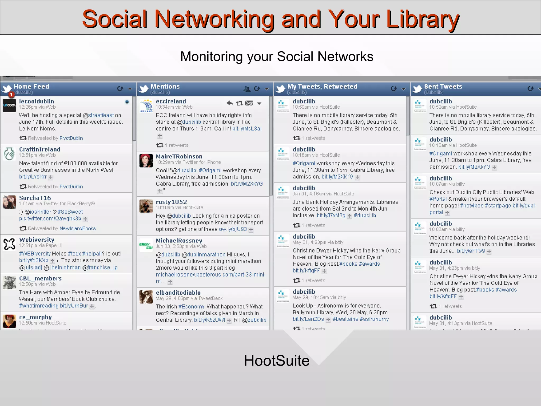 Social Networking and Your Library
        Monitoring your Social Networks




                  HootSuite
 