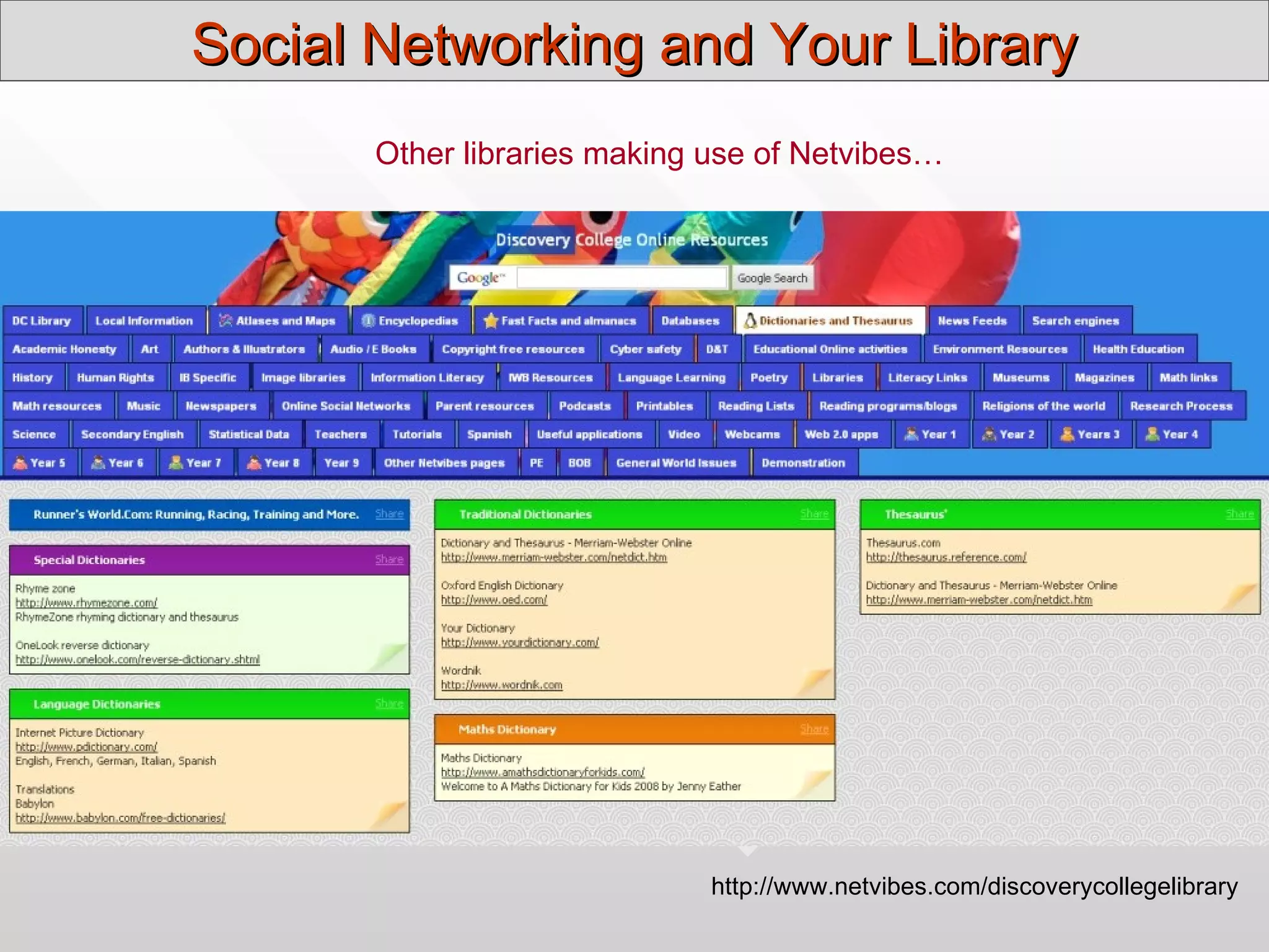 Social Networking and Your Library
            Other libraries making use of Netvibes…




71


                                   http://www.netvibes.com/discoverycollegelibrary
 