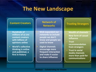 The New Landscape Content Creators Network of Networks Trusting Strangers Hundreds of millions of us are content creators with billions of opinions online World’s collective thinking is online and published, a first in history Web expanded our networks to include people we don’t know and people we used to know  Digital channels encourage more frequent interaction and make it easier to share influence  Wealth of channels New form of casual influence  Trust recommendation  from strangers Trust in social media channels more than paid-for communications NetHope - Collaborating for Results 