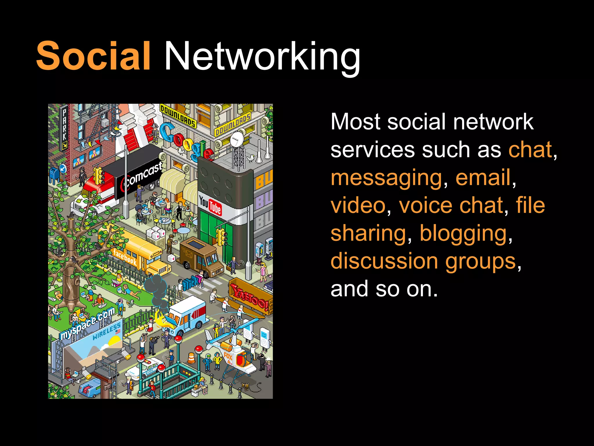 Social Networking
               Most social network
               services such as chat,
               messaging, email,
               video, voice chat, file
               sharing, blogging,
               discussion groups,
               and so on.
 