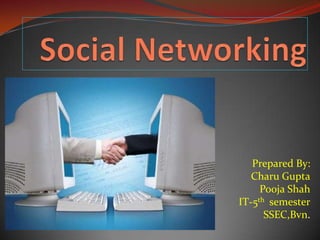 Social Networking Prepared By: Charu Gupta Pooja Shah IT-5th  semester SSEC,Bvn.  