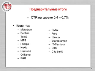 Предварительные итоги Клиенты: Мегафон Beeline Tele2 MTS Phillips Nokia Связной Oriflame P&G BMW Ford Шкода Staropramen IT-Territory СТС City bank CTR  на уровне 0,4 – 0,7% 