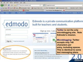 Twitter is not the only microblogging site.  Note Edmodo’s mission.,[object Object],Microblogging: Twitter accepts only 140 characters per entry, including spaces.  This is identical to some text messaging plans.,[object Object]