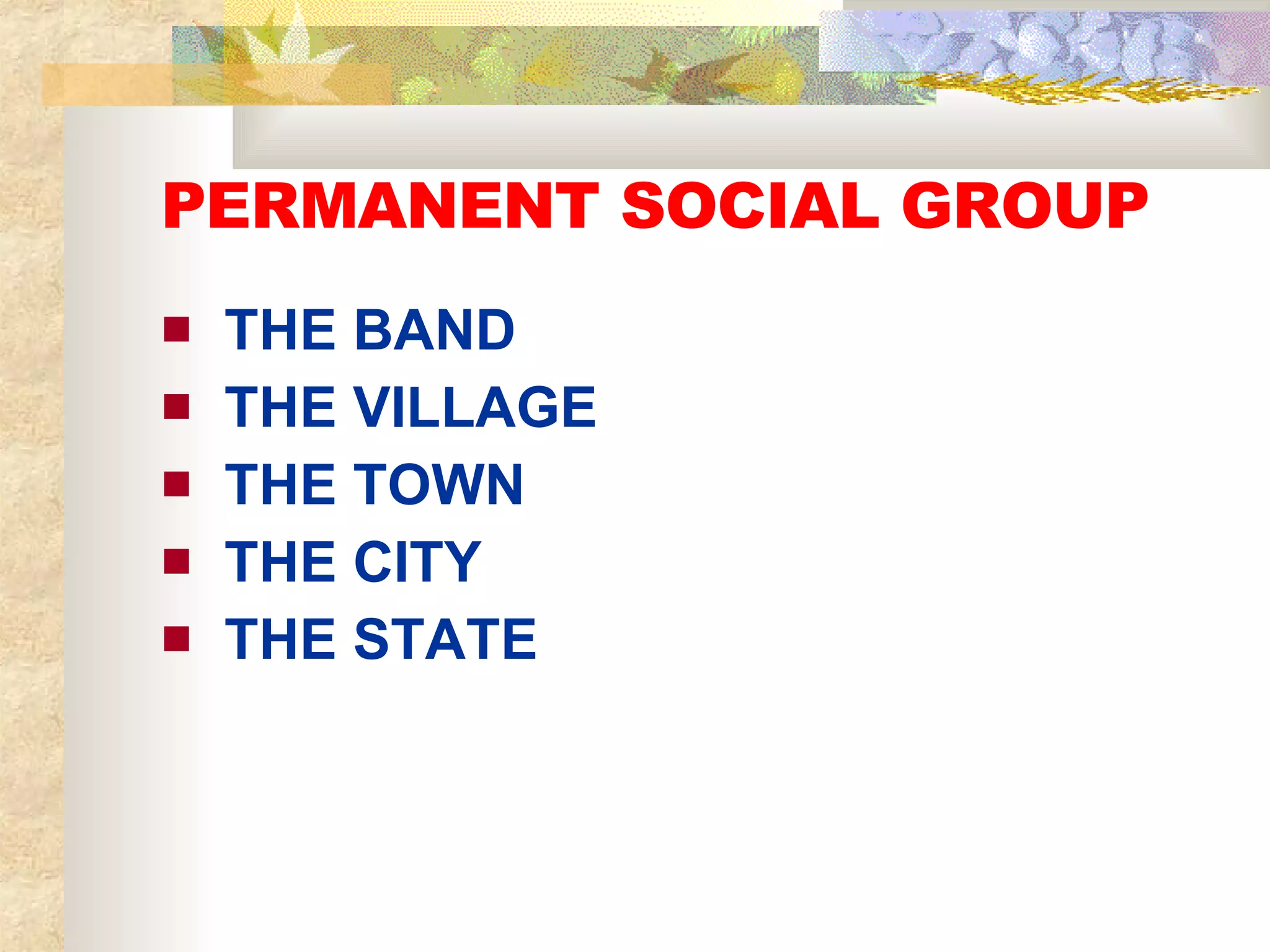 PERMANENT SOCIAL GROUP THE BAND THE VILLAGE  THE TOWN  THE CITY  THE STATE  