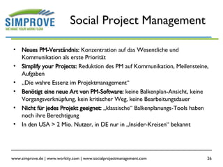Social Project Management Neues PM-Verständnis:  Konzentration auf das Wesentliche und Kommunikation als erste Priorität Simplify your Projects:  Reduktion des PM auf Kommunikation, Meilensteine, Aufgaben „ Die wahre Essenz im Projektmanagement“ Benötigt eine neue Art von PM-Software:  keine Balkenplan-Ansicht, keine Vorgangsverknüpfung, kein kritischer Weg, keine Bearbeitungsdauer Nicht für jedes Projekt geeignet:  „klassische“ Balkenplanungs-Tools haben noch ihre Berechtigung In den USA > 2 Mio. Nutzer, in DE nur in „Insider-Kreisen“ bekannt 