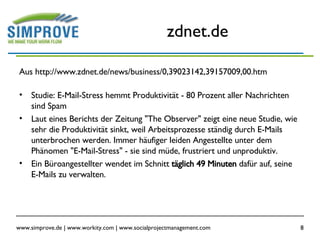 zdnet.de Aus http://www.zdnet.de/news/business/0,39023142,39157009,00.htm Studie: E-Mail-Stress hemmt Produktivität - 80 Prozent aller Nachrichten sind Spam  Laut eines Berichts der Zeitung "The Observer" zeigt eine neue Studie, wie sehr die Produktivität sinkt, weil Arbeitsprozesse ständig durch E-Mails unterbrochen werden. Immer häufiger leiden Angestellte unter dem Phänomen "E-Mail-Stress" - sie sind müde, frustriert und unproduktiv.  Ein Büroangestellter wendet im Schnitt  täglich 49 Minuten  dafür auf, seine E-Mails zu verwalten.  