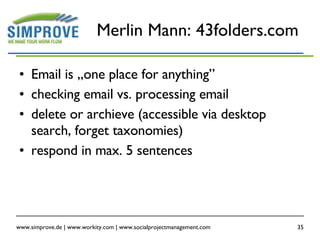 Merlin Mann: 43folders.com Email is „one place for anything” checking email vs. processing email delete or archieve (accessible via desktop search, forget taxonomies) respond in max. 5 sentences 