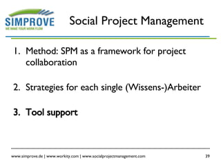 Social Project Management Method: SPM as a framework for project collaboration Strategies for each single (Wissens-)Arbeiter Tool support 