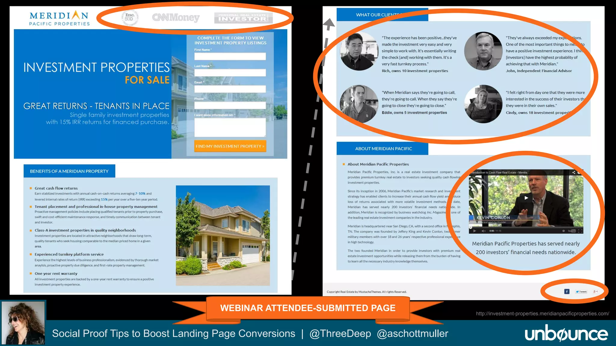 Meridian Pacific "Find Properties" LP 
Social Proof Tips to Boost Landing Page Conversions | @ThreeDeep @aschottmuller 
http://investment-properties.meridianpacificproperties.com/ 
WEBINAR ATTENDEE-SUBMITTED PAGE 
 