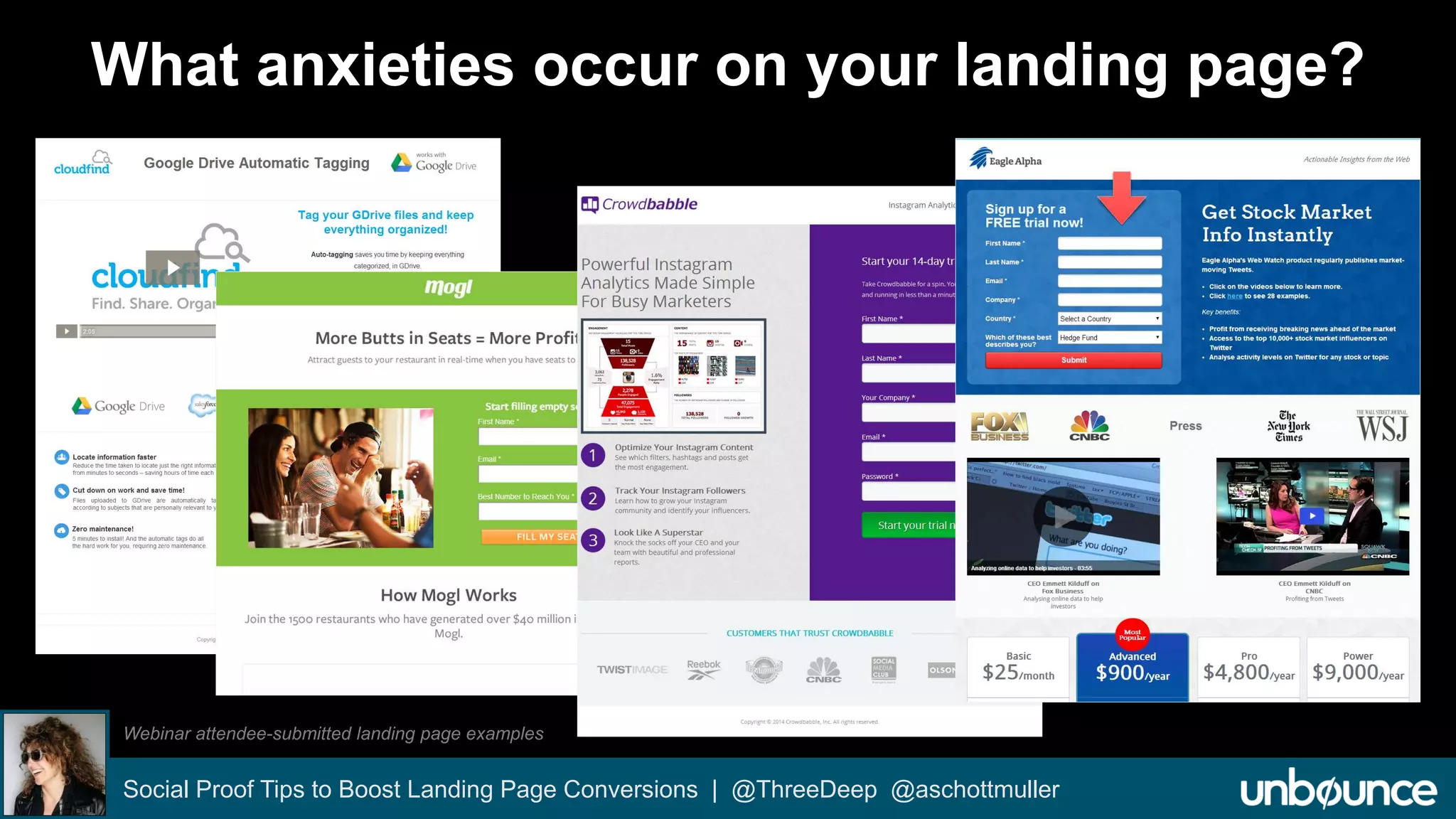 What anxieties occur on your landing page? 
Webinar attendee-submitted landing page examples 
Social Proof Tips to Boost Landing Page Conversions | @ThreeDeep @aschottmuller 
 