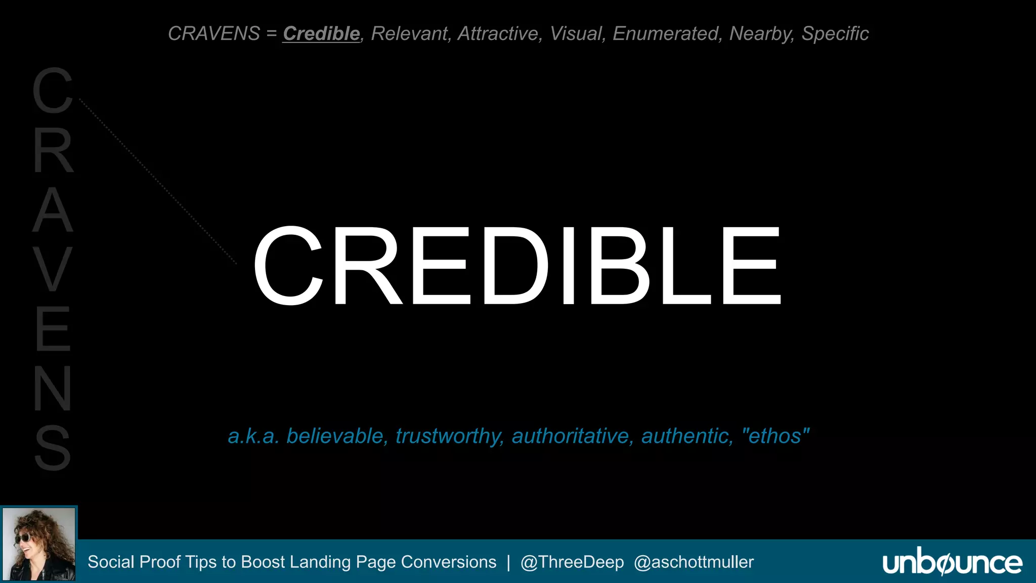 CRAVENS = Credible, Relevant, Attractive, Visual, Enumerated, Nearby, Specific 
CREDIBLE 
a.k.a. believable, trustworthy, authoritative, authentic, "ethos" 
Social Proof Tips to Boost Landing Page Conversions | @ThreeDeep @aschottmuller 
C 
R 
A 
V 
E 
N 
S 
 