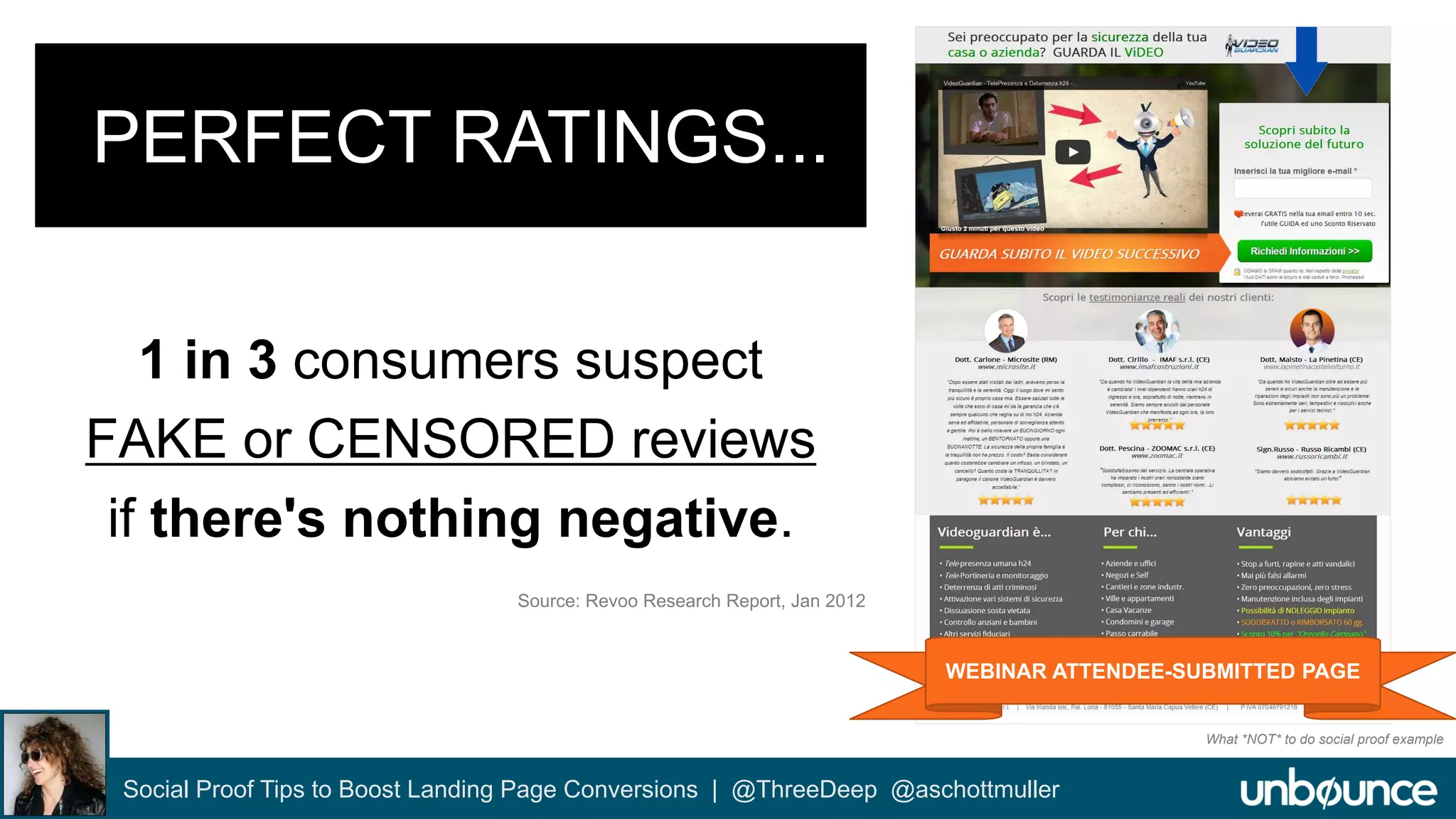 WEBINAR ATTENDEE-SUBMITTED PAGE 
PERFECT RATINGS... 
1 in 3 consumers suspect 
FAKE or CENSORED reviews 
if there's nothing negative. 
Source: Revoo Research Report, Jan 2012 
Social Proof Tips to Boost Landing Page Conversions | @ThreeDeep @aschottmuller 
What *NOT* to do social proof example 
 
