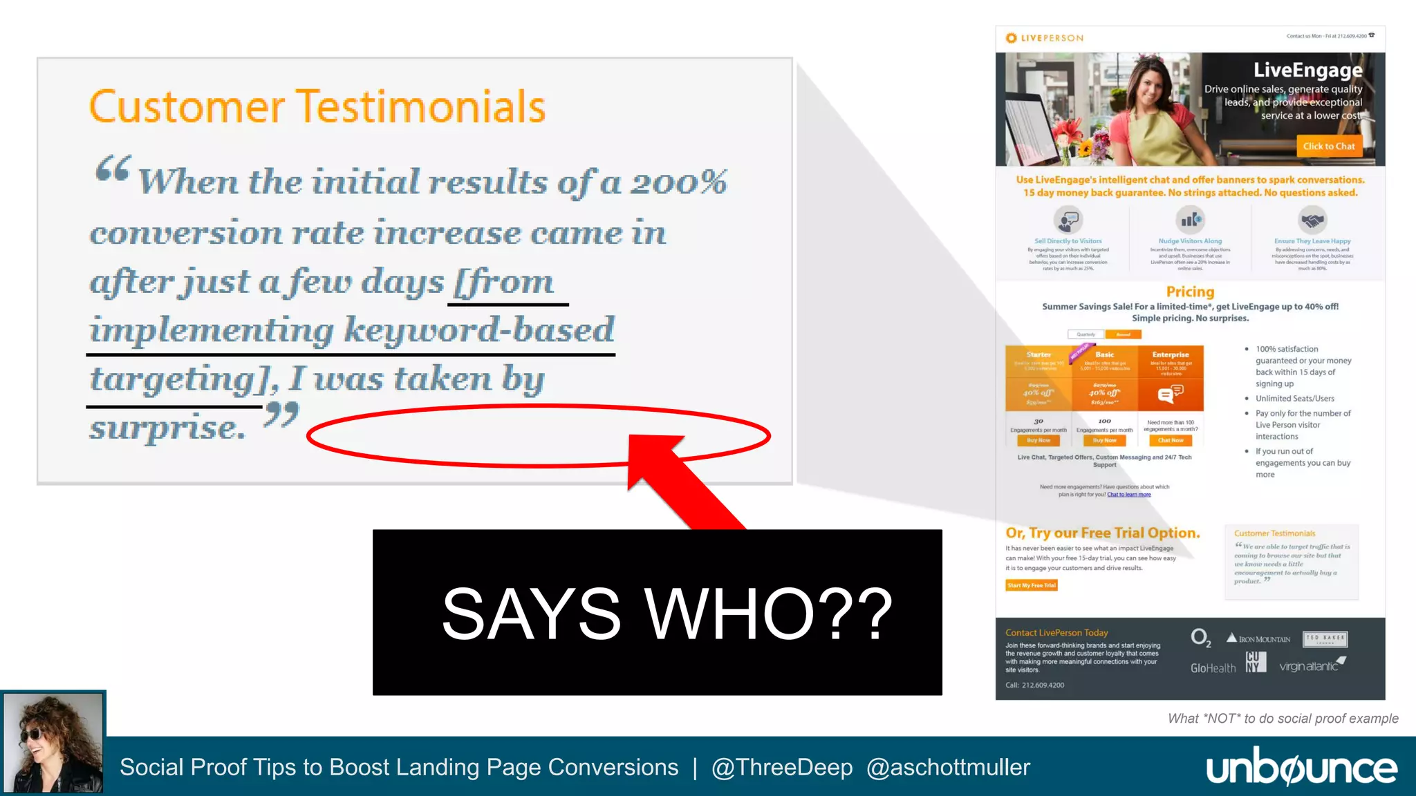 SAYS WHO?? 
Social Proof Tips to Boost Landing Page Conversions | @ThreeDeep @aschottmuller 
What *NOT* to do social proof example 
 
