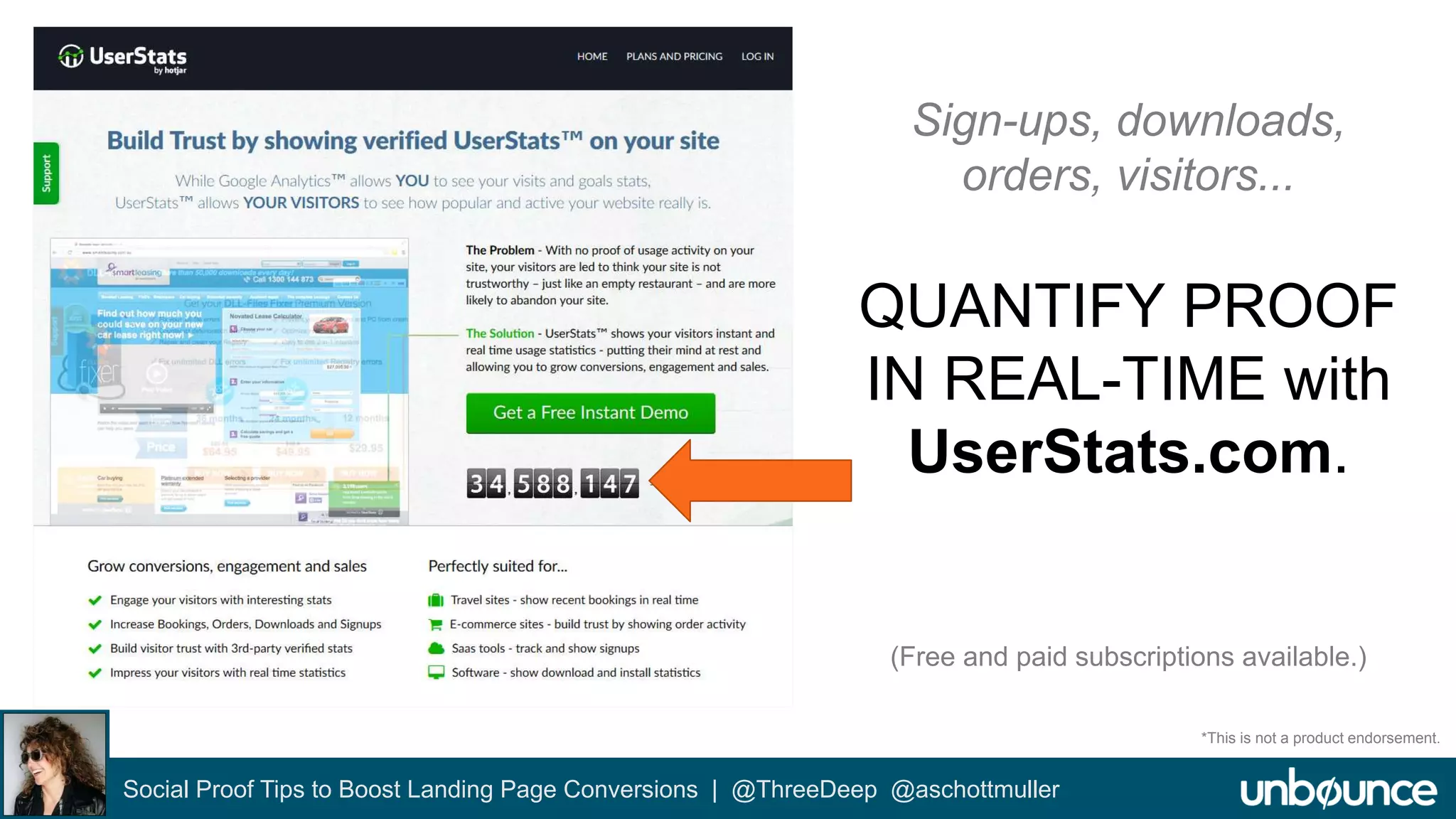 Sign-ups, downloads, 
orders, visitors... 
QUANTIFY PROOF 
IN REAL-TIME with 
UserStats.com. 
(Free and paid subscriptions available.) 
Social Proof Tips to Boost Landing Page Conversions | @ThreeDeep @aschottmuller 
*This is not a product endorsement. 
 