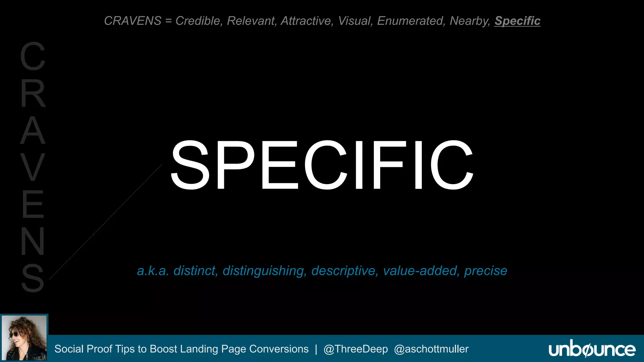 CRAVENS = Credible, Relevant, Attractive, Visual, Enumerated, Nearby, Specific 
SPECIFIC 
a.k.a. distinct, distinguishing, descriptive, value-added, precise 
Social Proof Tips to Boost Landing Page Conversions | @ThreeDeep @aschottmuller 
C 
R 
A 
V 
E 
N 
S 
 
