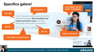 Specifics galore! 
FREQUENCY 
VOLUME 
IMPACT 
VALUE 
CUSTOMER PHOTO 
VIDEO THUMBNAIL 
CUSTOMER CREDENTIALS 
VIDEO DURATION 
Social Proof Tips to Boost Landing Page Conversions | @ThreeDeep @aschottmuller 
 