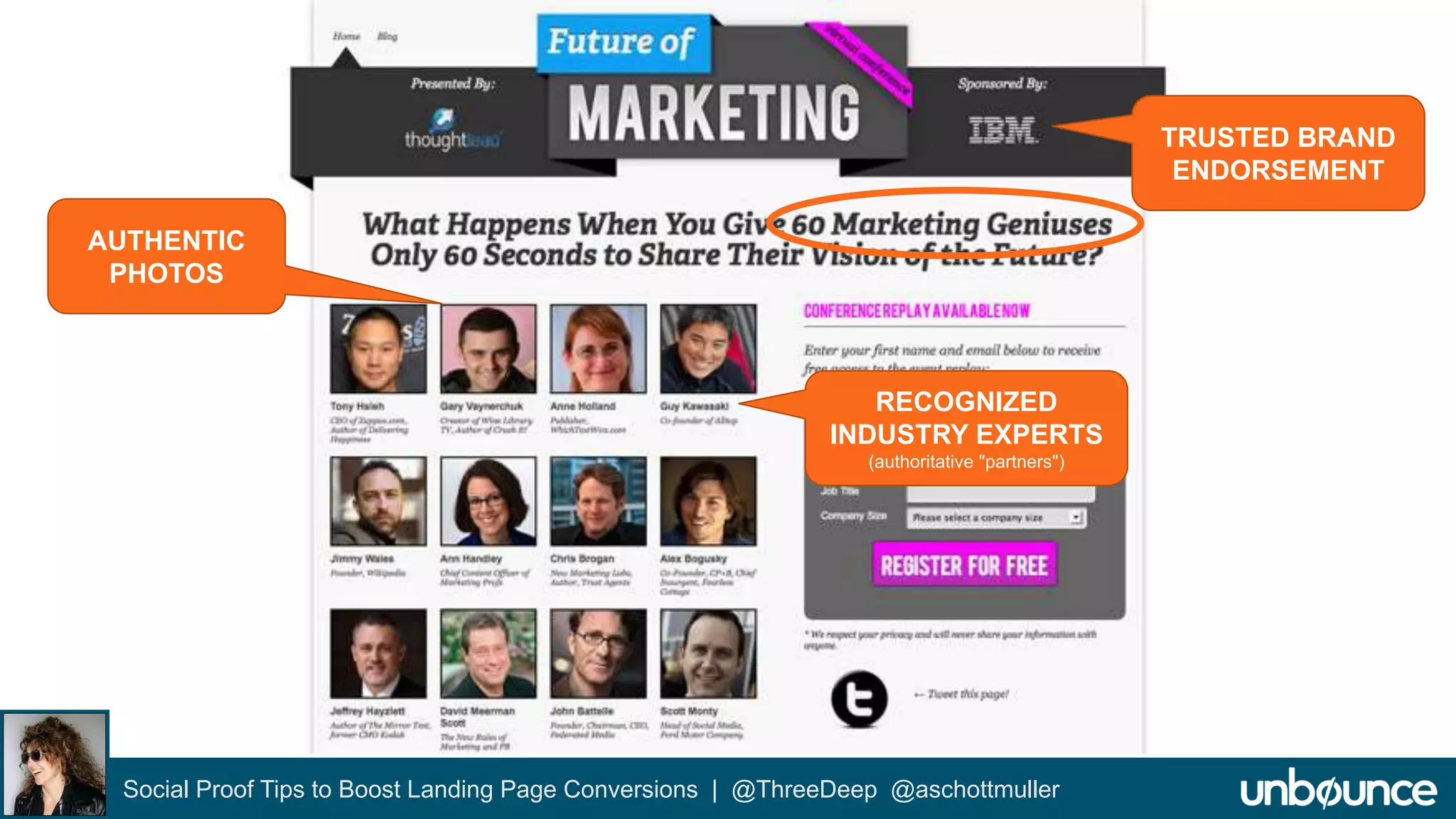 Future of Marketing LP Example 
Social Proof Tips to Boost Landing Page Conversions | @ThreeDeep @aschottmuller 
TRUSTED BRAND 
ENDORSEMENT 
RECOGNIZED 
INDUSTRY EXPERTS 
(authoritative "partners") 
AUTHENTIC 
PHOTOS 
 