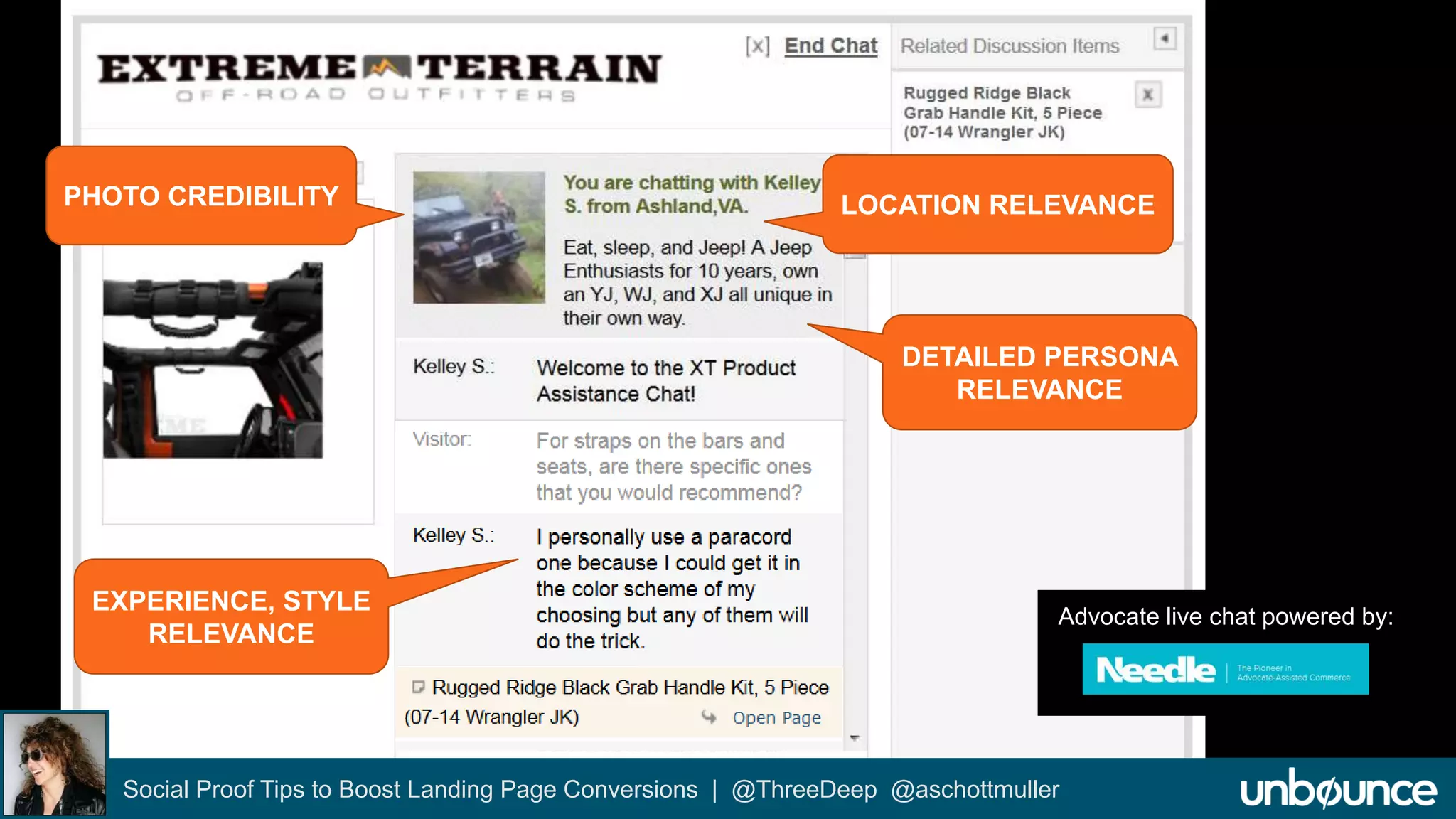 LOCATION RELEVANCE 
DETAILED PERSONA 
RELEVANCE 
PHOTO CREDIBILITY 
Advocate live chat powered by: 
Social Proof Tips to Boost Landing Page Conversions | @ThreeDeep @aschottmuller 
www.needle.com 
EXPERIENCE, STYLE 
RELEVANCE 
 