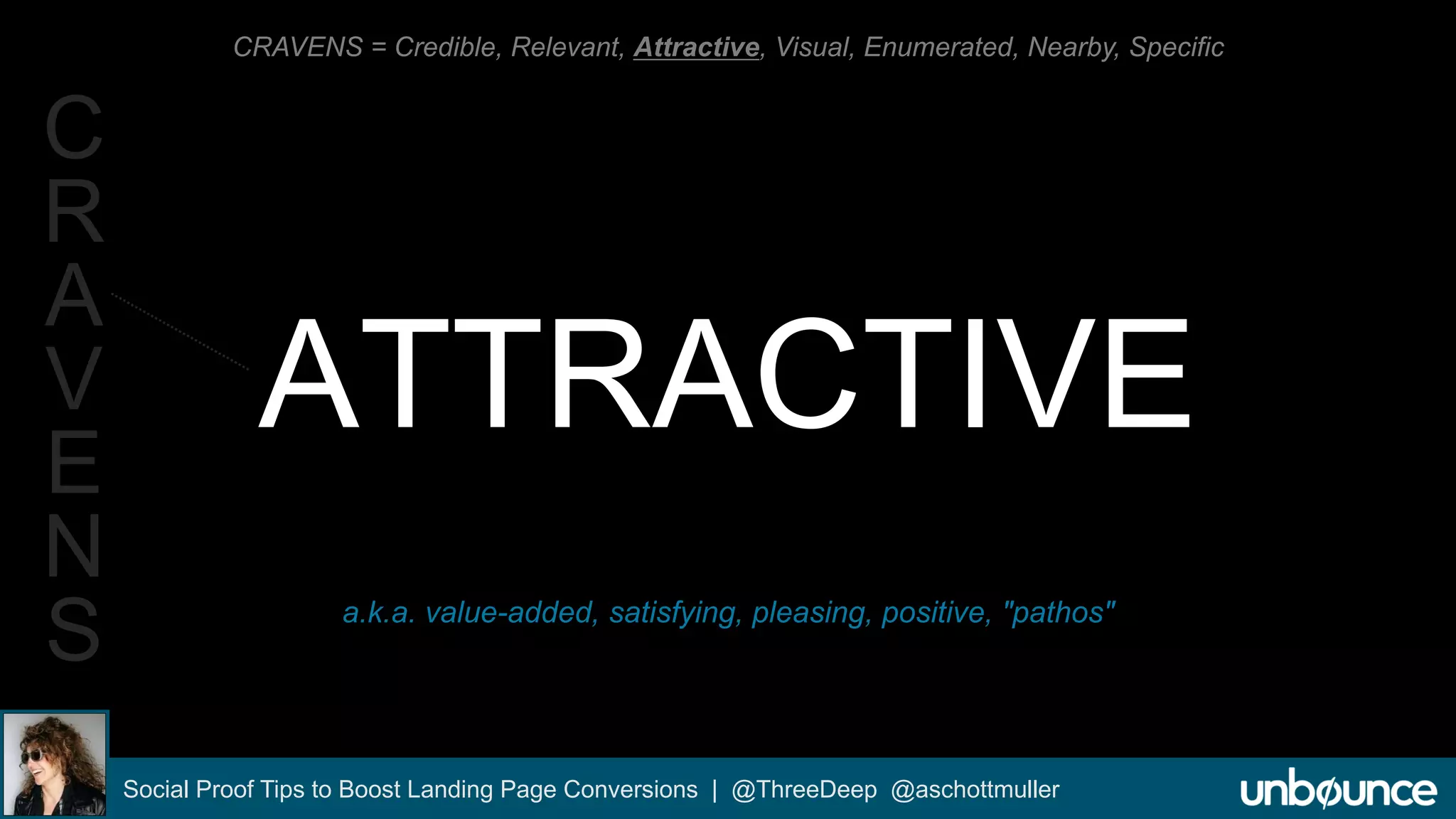 CRAVENS = Credible, Relevant, Attractive, Visual, Enumerated, Nearby, Specific 
ATTRACTIVE 
a.k.a. value-added, satisfying, pleasing, positive, "pathos" 
Social Proof Tips to Boost Landing Page Conversions | @ThreeDeep @aschottmuller 
C 
R 
A 
V 
E 
N 
S 
 